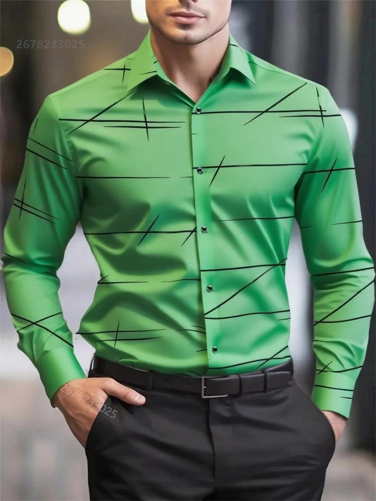 Men's long-sleeved casual shirt with geometric 3D print, lapel collar, large size, suitable for business and office wear.