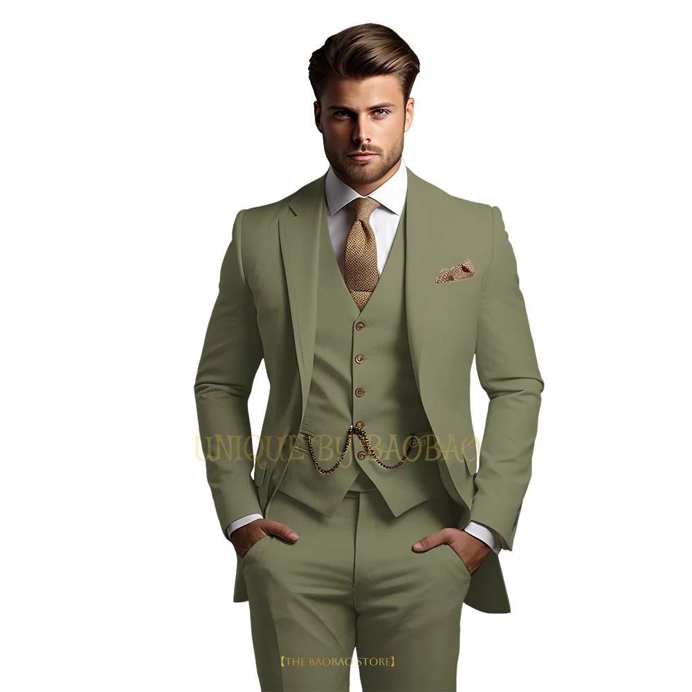 Men's grey 3-piece suit with jacket, vest, and trousers, elegant classic wedding or formal party attire by Showlu Fashion Store.