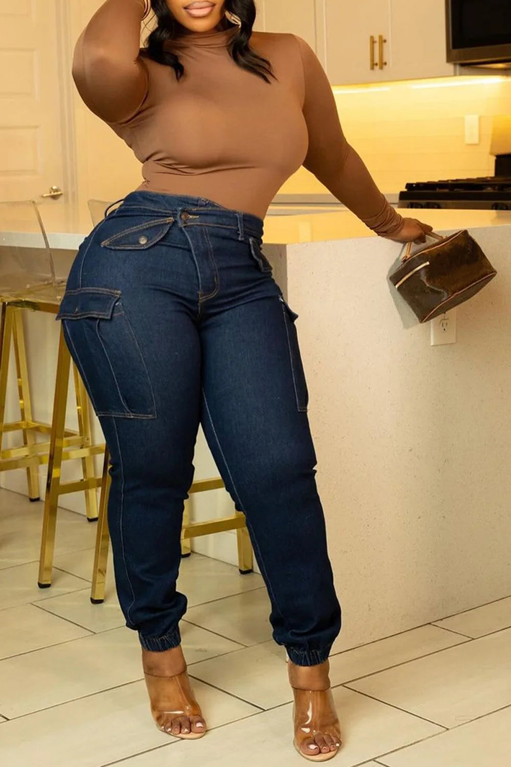 Plus Size Blue All Season Everyday High Waist Warm Skinny Jeans Women's Stretch Button Pencil Pants Mom Casual Pocket Work Jeans