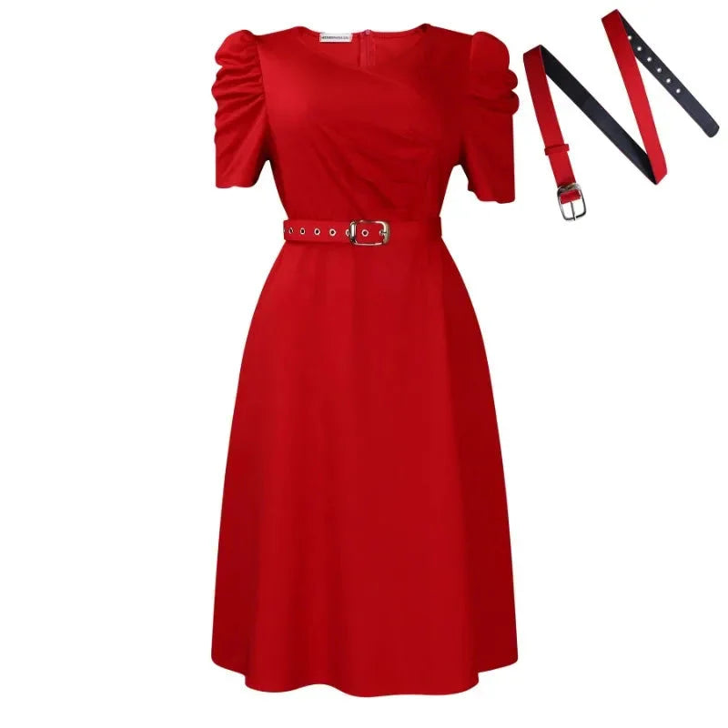 Elegant SHOWLU Women's V-Neck Pleated A-Line Dress in mid-calf length, suitable for office or formal occasions.
