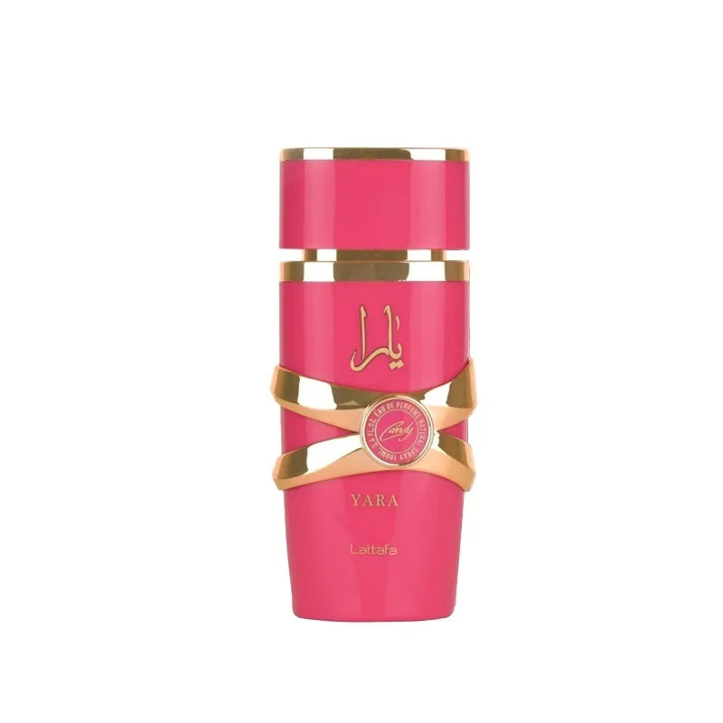 Lattafa Yara Candy EDP 100ml floral fruity vanilla perfume for women, with elegant bottle and colorful floral accents.