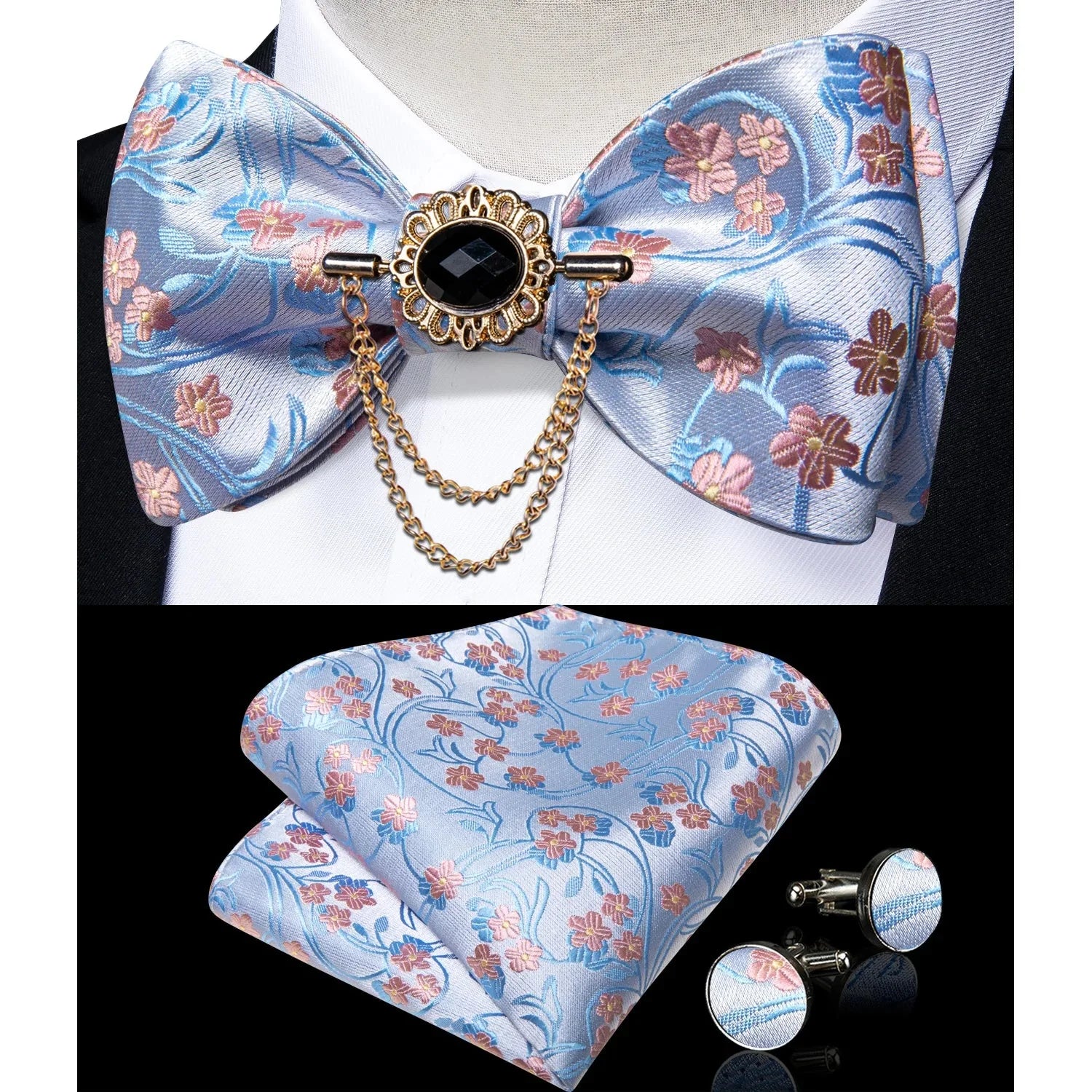Pink plaid silk self-tie bow tie set with brooch and handkerchief, stylish accessories for men from SHOWLU FASHION STORE.