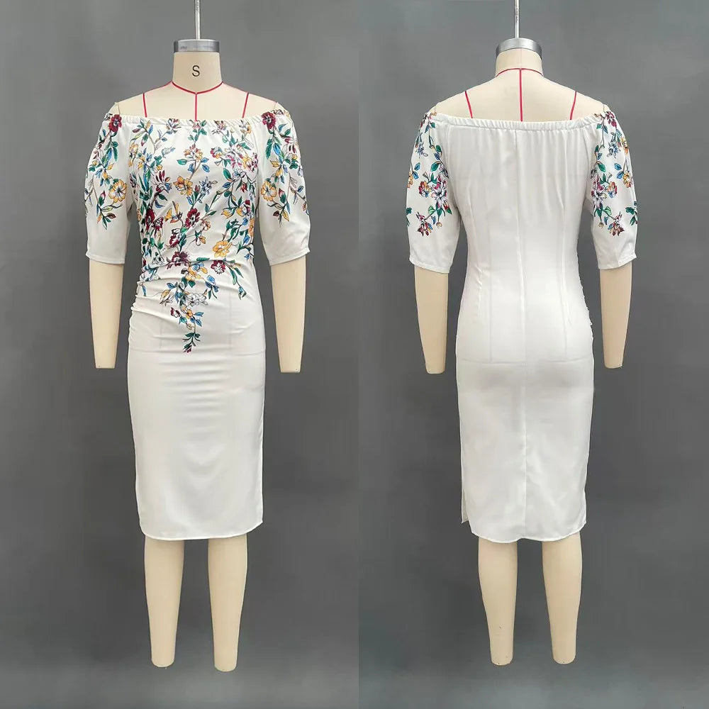 Women's digital print one-shoulder lantern sleeve sheath dress by Showlu Fashion, featuring a stylish design and elegant fit.