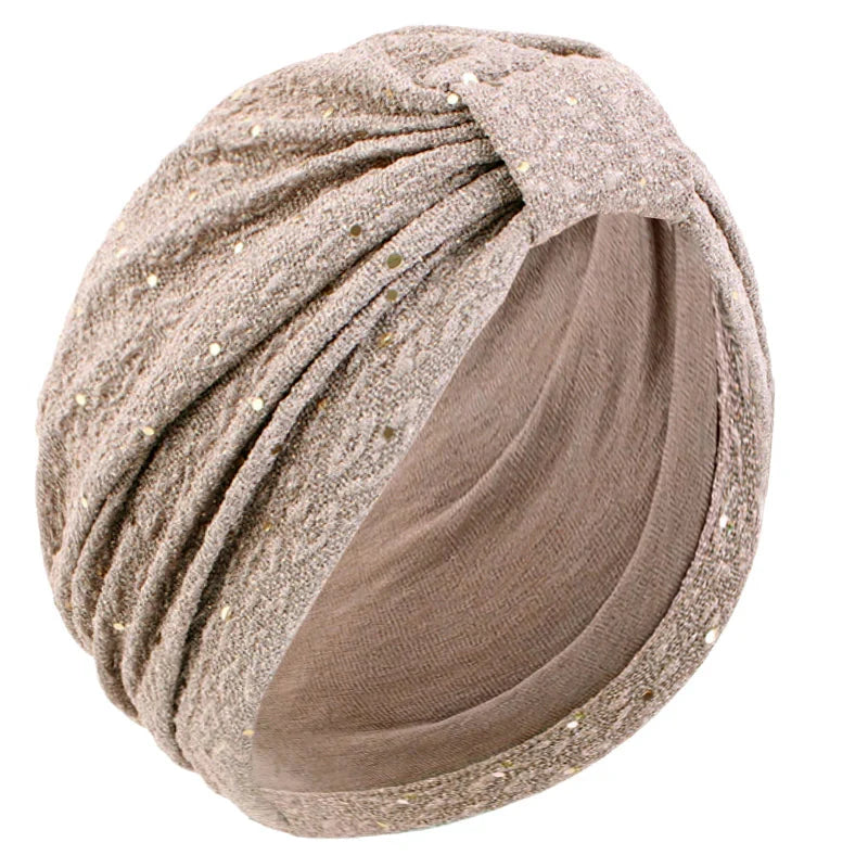 Women's sequin knotted turban hijab by SHOWLU FASHION STORE, featuring a stylish chemo cap beanie bonnet with shimmering sequins.