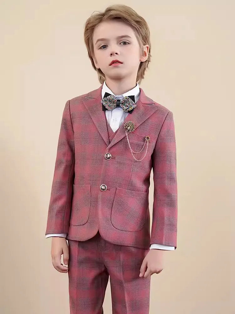 Red boys' tuxedo suit by SHOWLU FASHION STORE, featuring a 3-piece set with jacket, shirt, and pants for kids' weddings and parties.