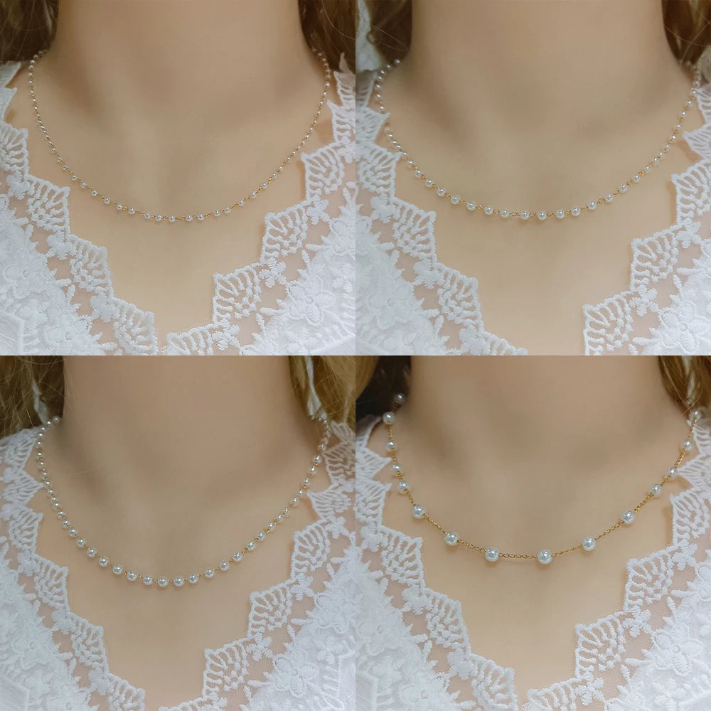 Stainless steel pearl necklace for women featuring white imitation pearls and a delicate clavicle chain, stylish jewelry accessory