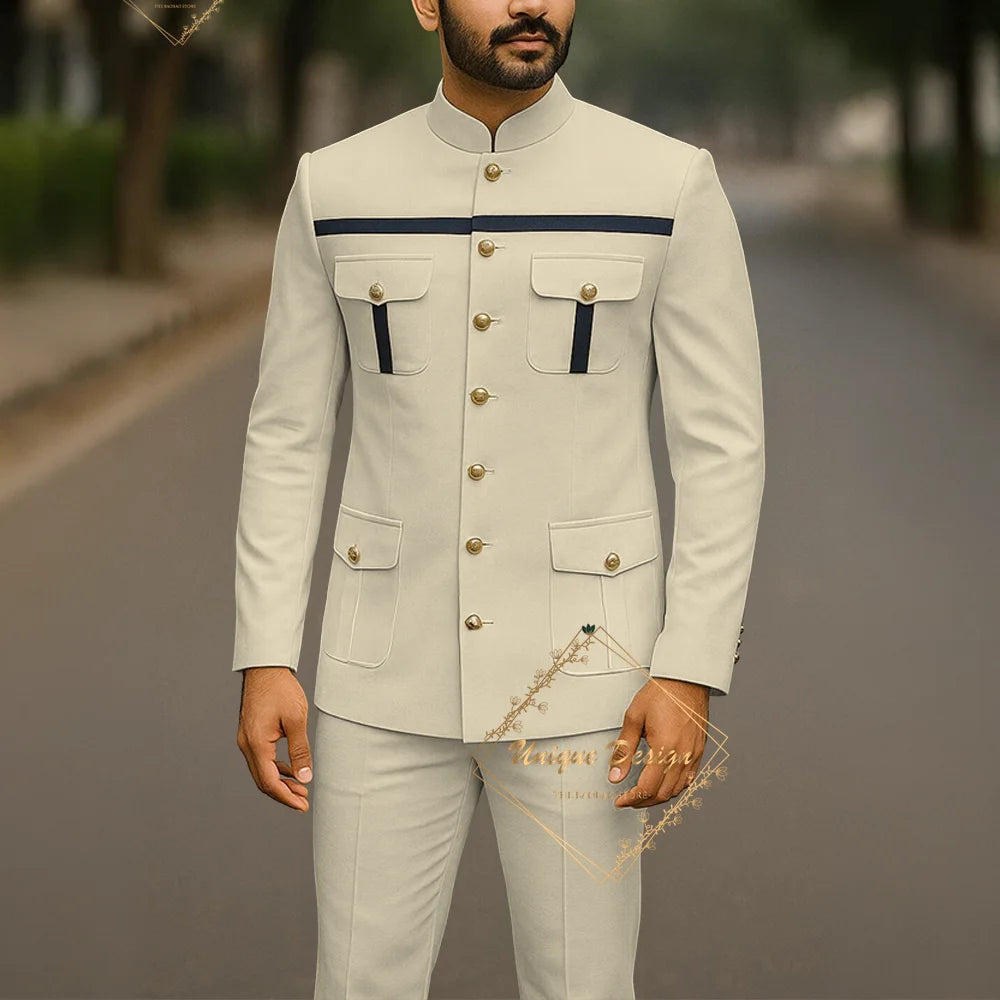 Ivory formal safari suit for men, custom-made Indian wedding groom 2-piece set with slim fit jacket and pants, party dress style
