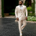 Showlu men's white satin tuxedo jacket and pants set, double-breasted wedding suit, formal men's fashion, elegant satin finish.