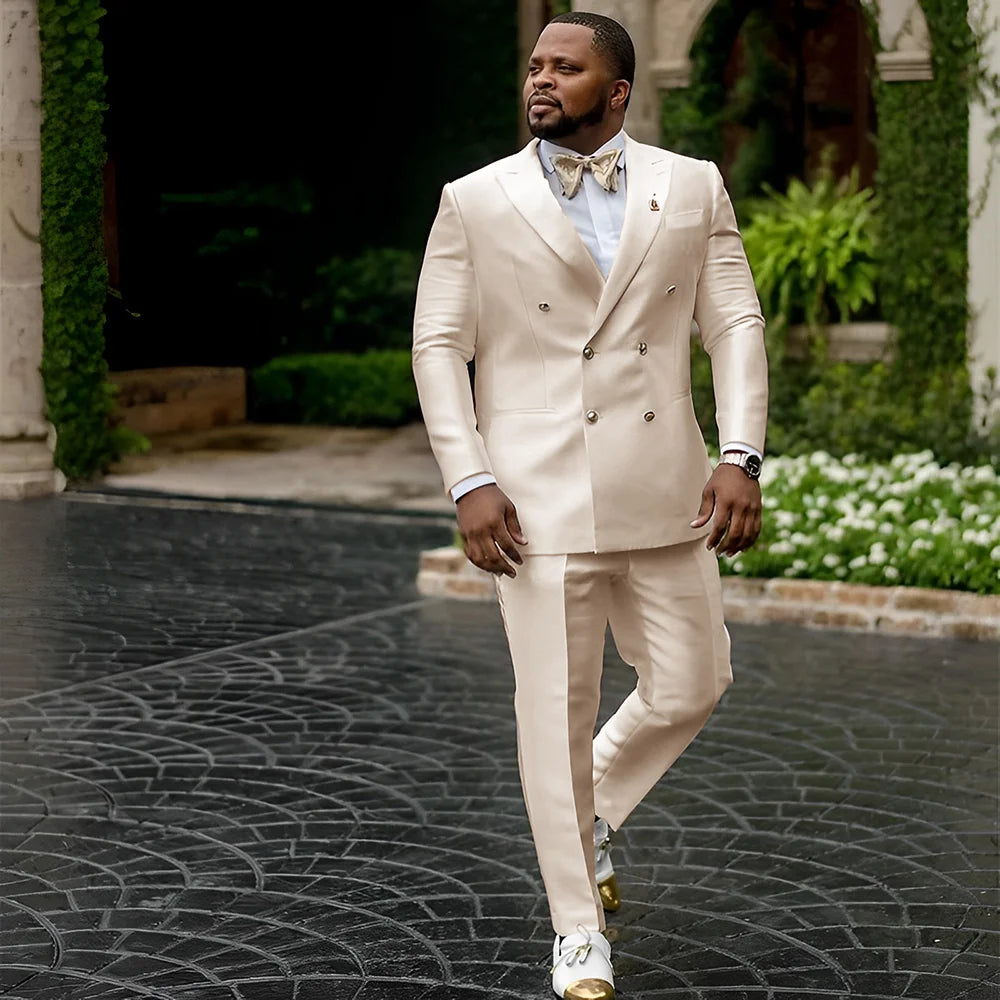 Showlu men's white satin tuxedo jacket and pants set, double-breasted wedding suit, formal men's fashion, elegant satin finish.