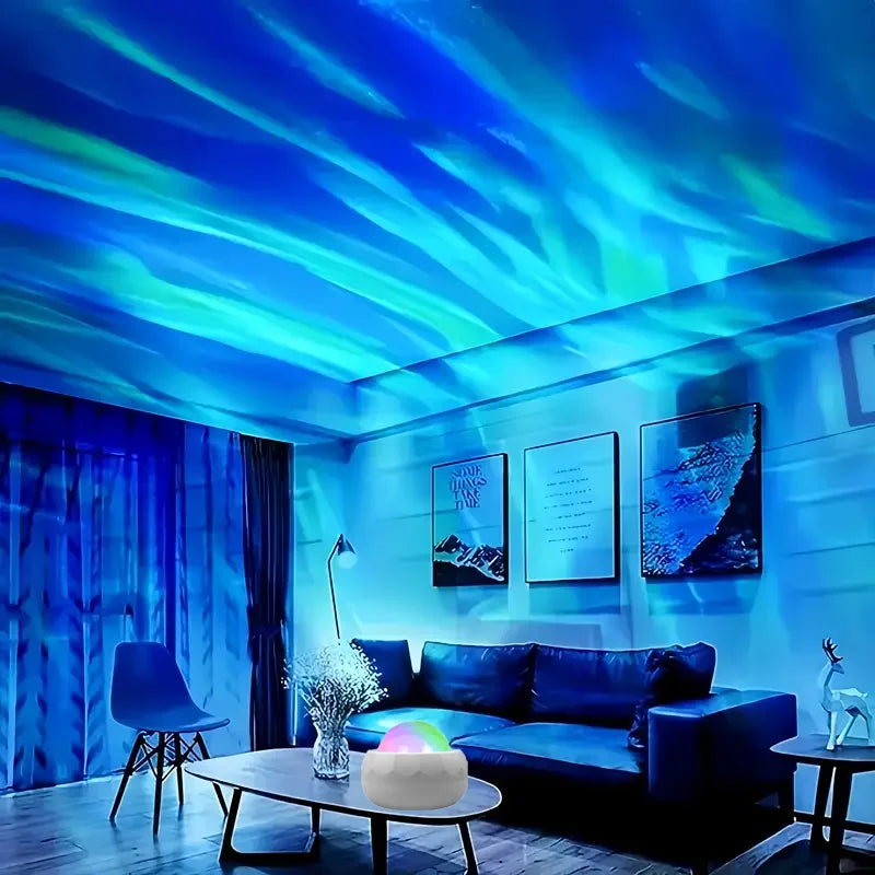 Showlu Smart Aurora Borealis Projector displaying vibrant green and purple northern lights on a dark room wall.