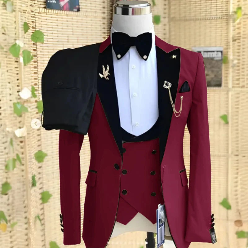Beige formal men's 3-piece suit with peaked lapel, blazer, pants, and vest, ideal for weddings, parties, and business occasions.