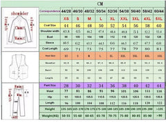 A size chart for a men's two-piece suit showing measurements for the jacket, vest, and pants.