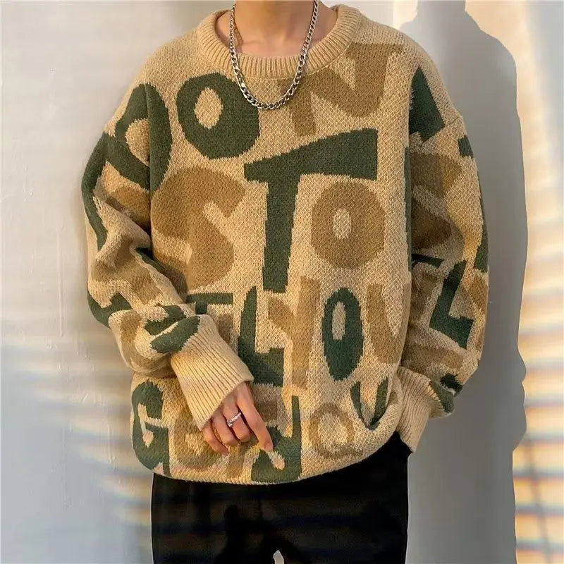 Men's vintage knit sweater by Showlu Fashion, trendy autumn winter streetwear with round neck, long sleeves, and casual loose fit.