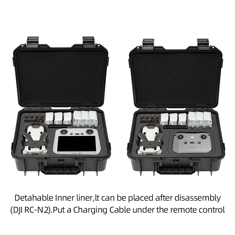 Waterproof hard shell case for DJI Mini 3/4Pro and Mini 4 Pro, showing a large capacity, explosion-proof portable travel bag.