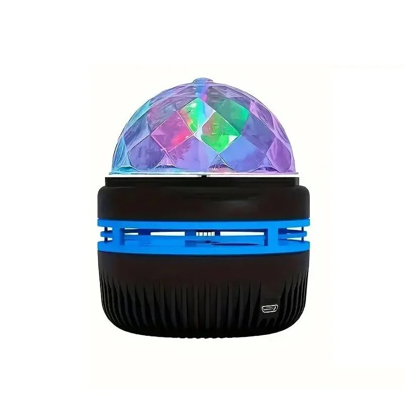 Showlu Smart Crystal Magic Ball LED night light glowing with colorful, shimmering light in a dark room.