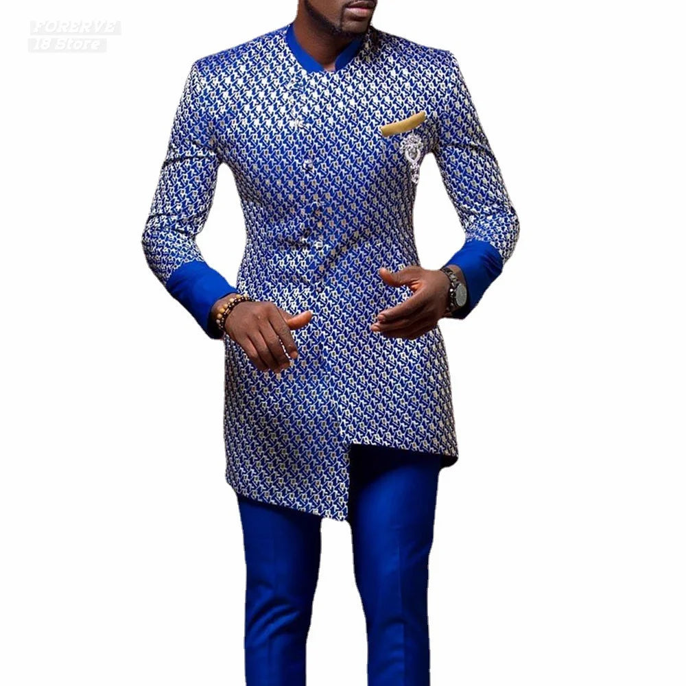 National Style Youth Standing Collar Casual Shirt Blue Pattern Men's Long Sleeve 4Xl African Clothes Summer Blue Print Top