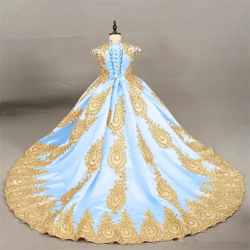 Showlu Fashion JDY custom girls' sleeveless princess ball gown with gold lace embroidery and a long train, perfect for special occasions.