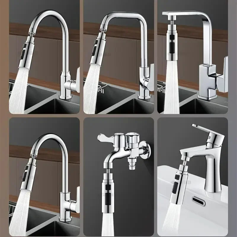 Showlu universal faucet extender with 3-mode anti-splash metal sprayer attached to a kitchen faucet.