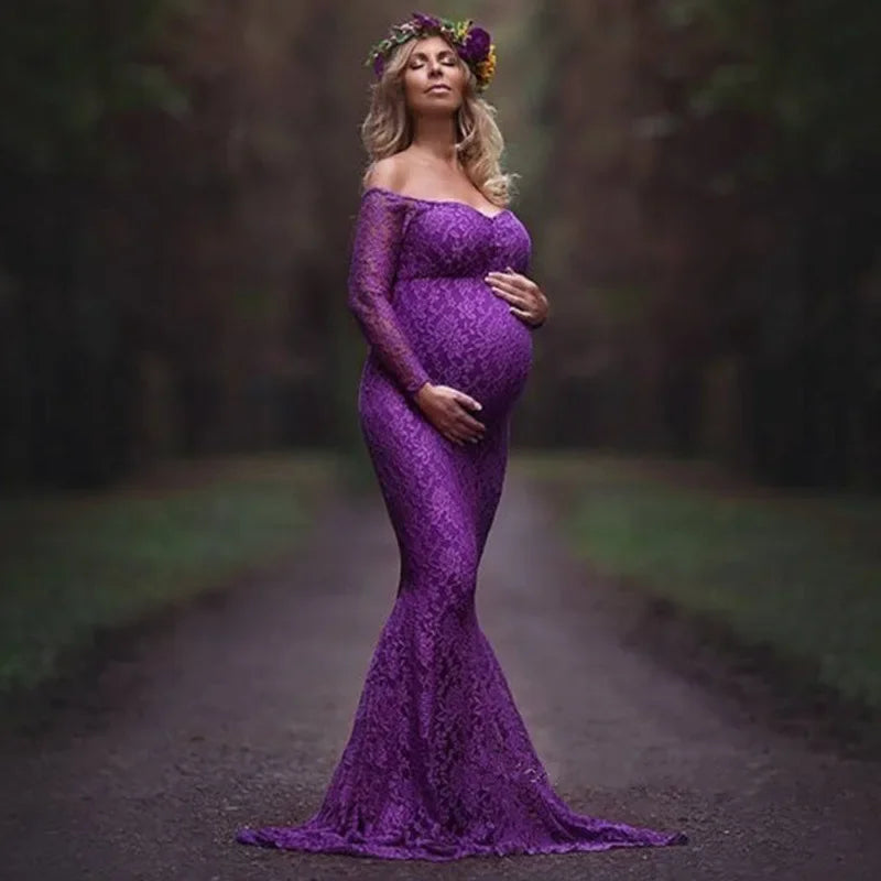 Sexy mermaid maxi maternity gown by Showlu Fashion, featuring lace details and flowing fabric for maternity photography.