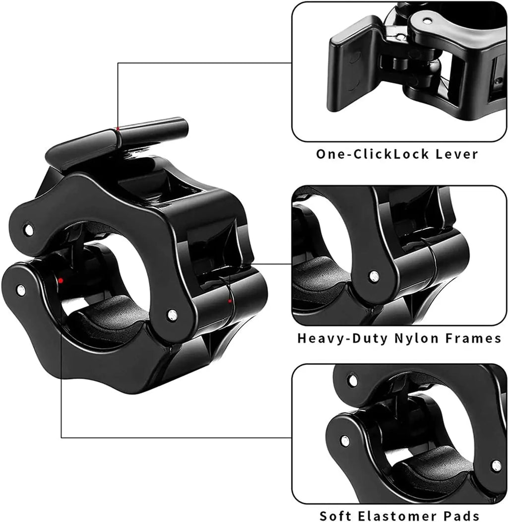 Pair of Showlu Fashion Store quick release barbell clamps with spin lock for weightlifting and strength training, 25/50mm size.
