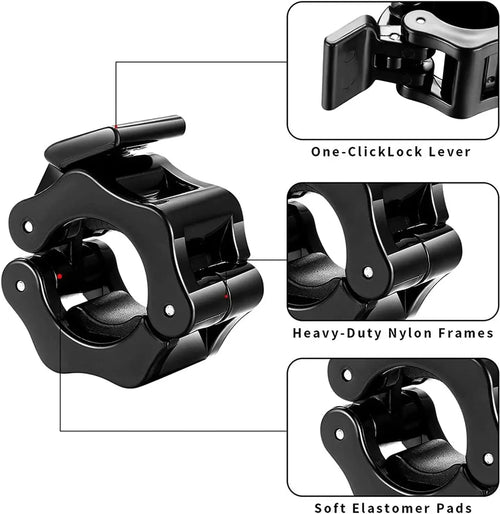 Pair of Showlu Fashion Store quick release barbell clamps with spin lock for weightlifting and strength training, 25/50mm size.