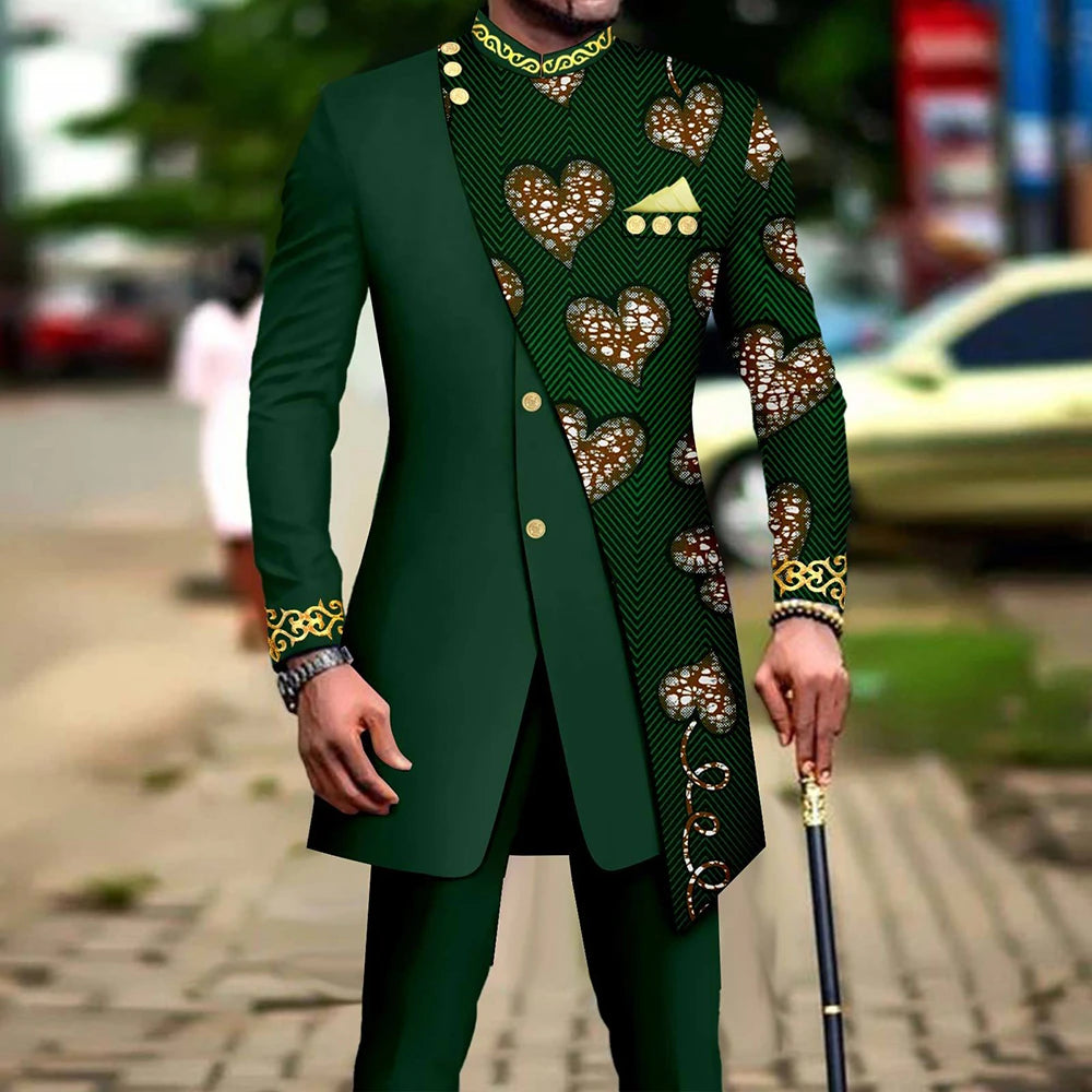 New African Suits for Men Embroidery Print Blazer and Pants Set Business Dress Suit with Kerchief Party Wedding Evening