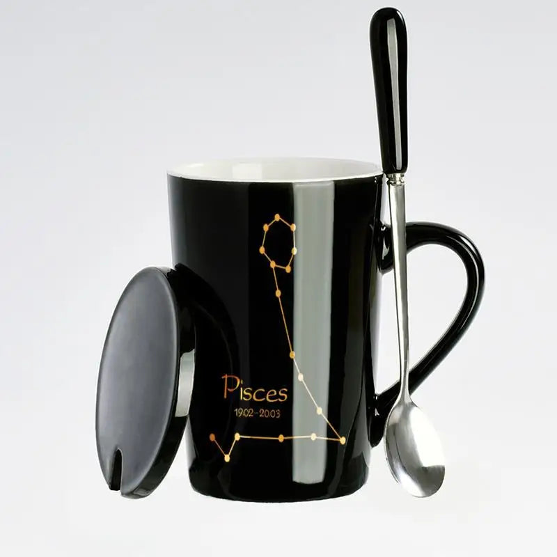 Showlu 12 zodiac signs ceramic coffee mug with lid and spoon in black, featuring celestial zodiac symbols on a sleek ceramic surface.