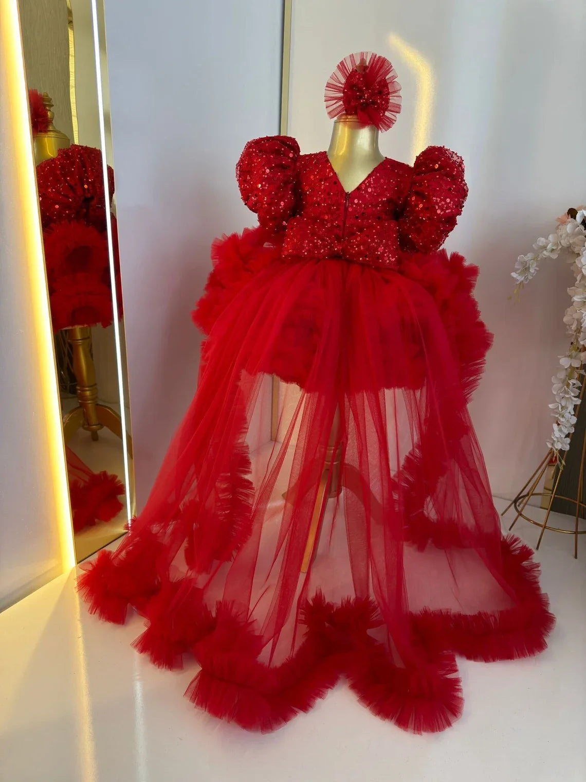 Customized Red Fluffy Baby Girl Birthday Princess Flower Girl Dresses for Weddings Party Pageant Tulle Prom Gown with Train