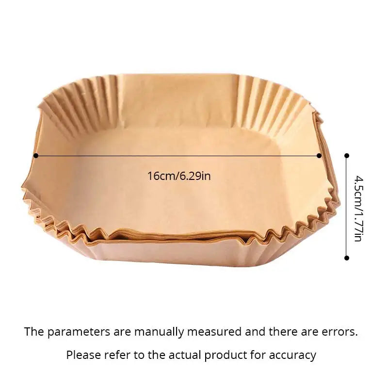 Set of 50 disposable parchment paper liners for air fryer, made of wood pulp, ideal for steaming, baking, and cheesecake in air fryers.