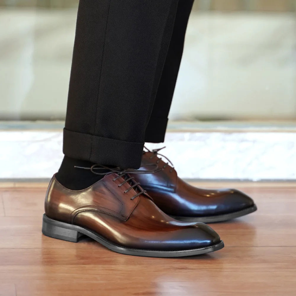 Men's distressed wood grain leather derby shoes with square toes, ideal for business casual and office wear from Showlu Fashion Store.