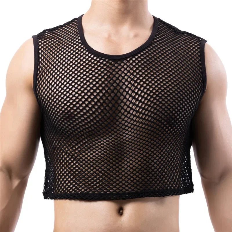 Men's transparent fishnet crop top by Showlu Fashion, sleeveless mesh tank top with hollow out design, ideal for gym, nightlife, or casual wear.