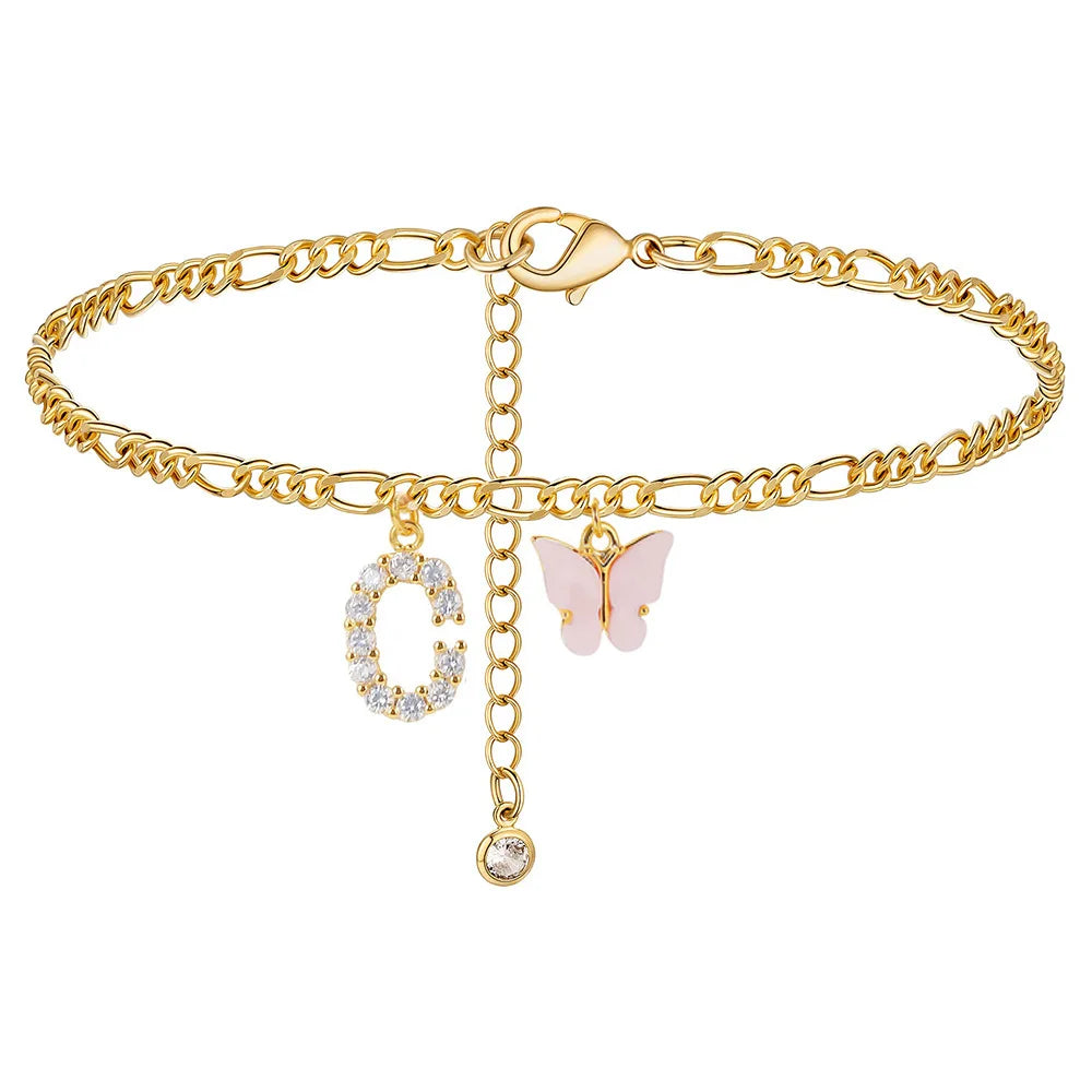 Stainless steel initial A-Z letter anklet with butterfly charm for women, waterproof jewelry, trendy leg chain for parties or gifts