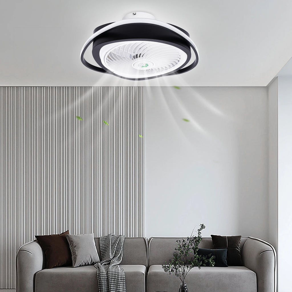Showlu 20-inch low profile ceiling fan with dimmable LED light and remote control, mounted on ceiling in modern room setting.