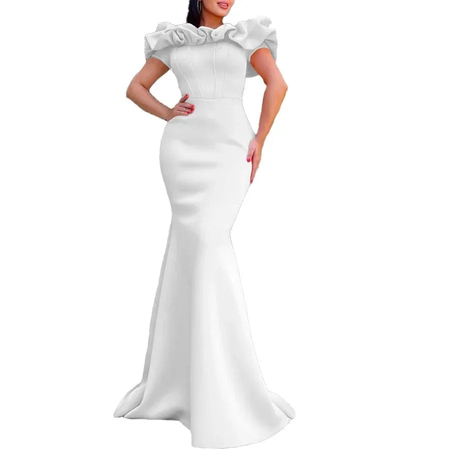 Elegant off-the-shoulder long mermaid dress for women, featuring short sleeves and floor-length design for special occasions.