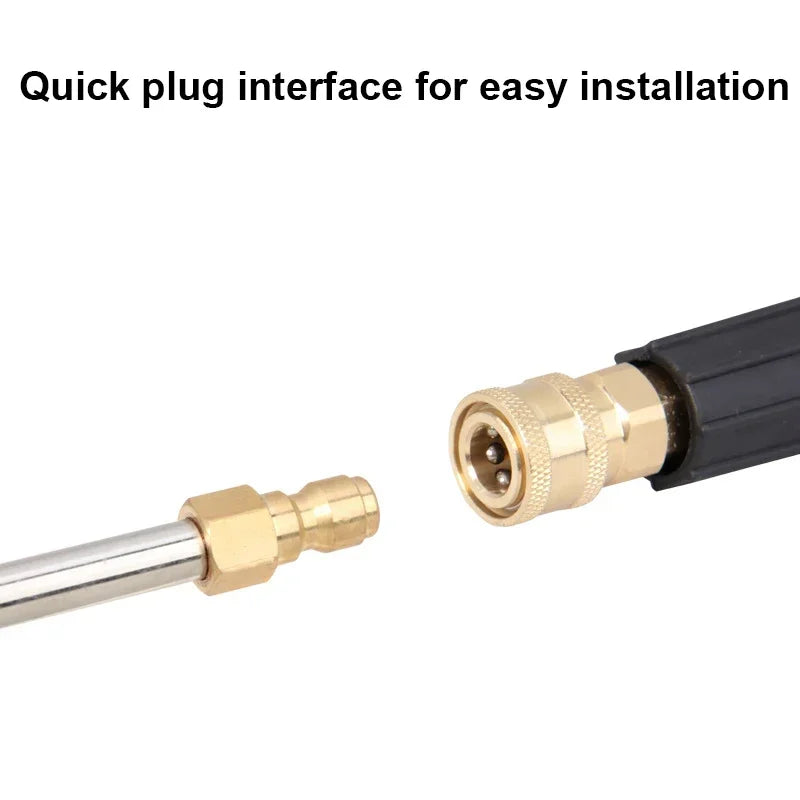Showlu Smart General 90 Degree Pressure Washer Nozzle attached to a garden hose, showcasing its adjustable spray angle.