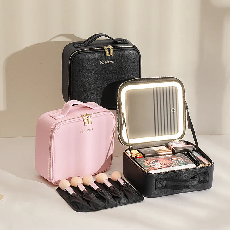 Showlu Makeup Travel Train Case with LED Mirror, PU leather cosmetic bag for organizing beauty essentials and makeup tools.