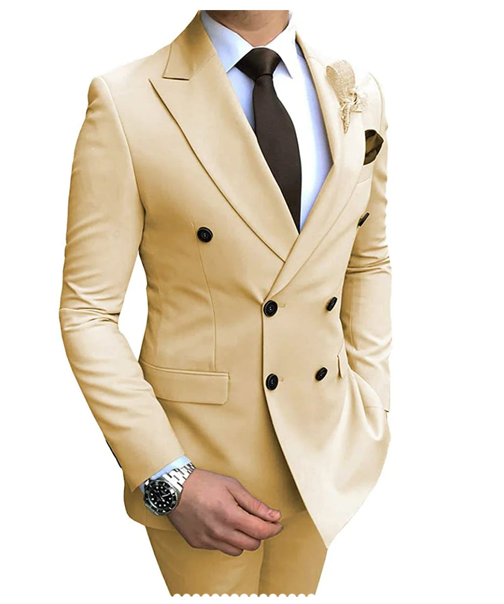 Beige men's 2024 suit by Showlu Fashion Store featuring a double-breasted blazer and matching slim-fit pants for wedding or casual wear.