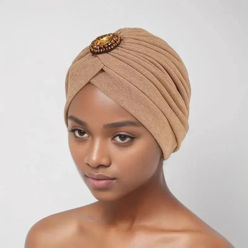 Showlu Fashion women's diamond pleated turban hijab chemo cap wrap, stylish head covering with elegant pleated design.