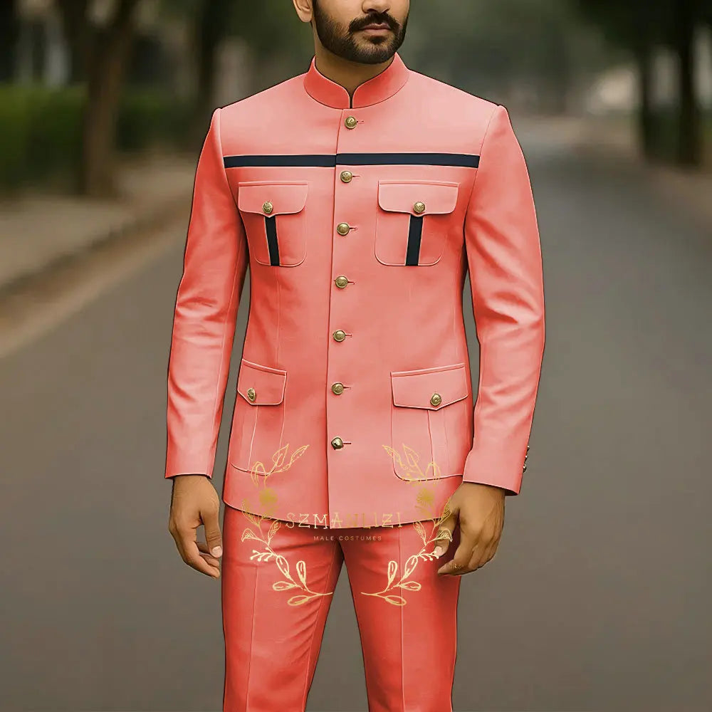 White single-breasted men's suit jacket and pants set with stand collar, elegant wedding and party attire by Showlu Fashion