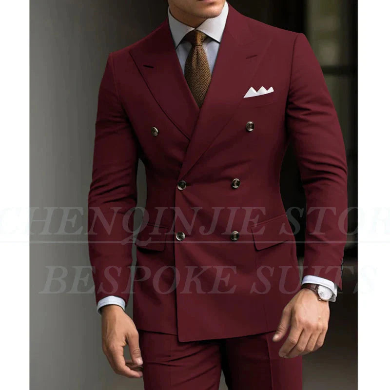 SHOWLU Men's slim fit green 2-piece suit with double-breasted blazer, tailored for weddings and formal occasions.