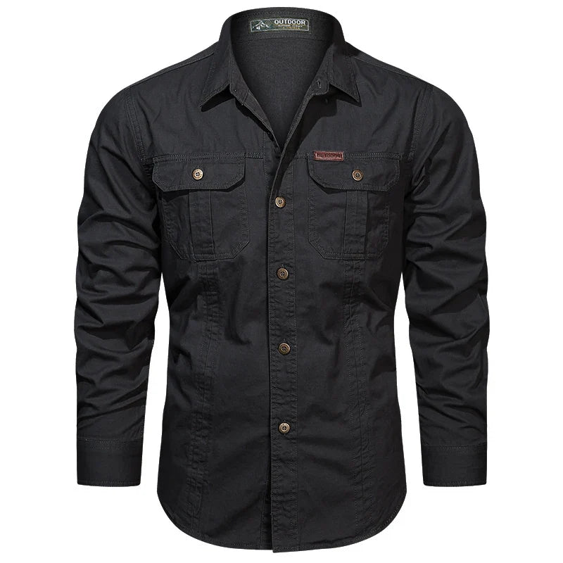 Men's SHOWLU cotton cargo shirt with long sleeves and multiple pockets, military-style overshirt in durable fabric.