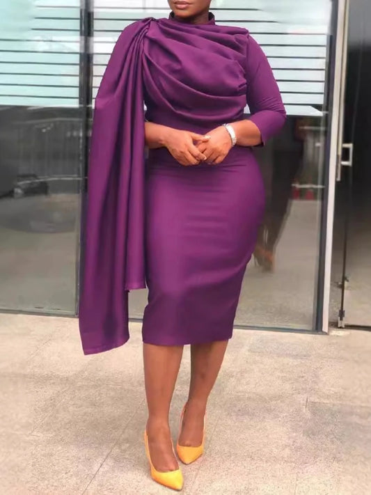 AOMEI Solid Pencil Slim Evening Dress for Women Folds Mid Calf Asymmetrical Half High Collar Three Quarter Outfits 2025