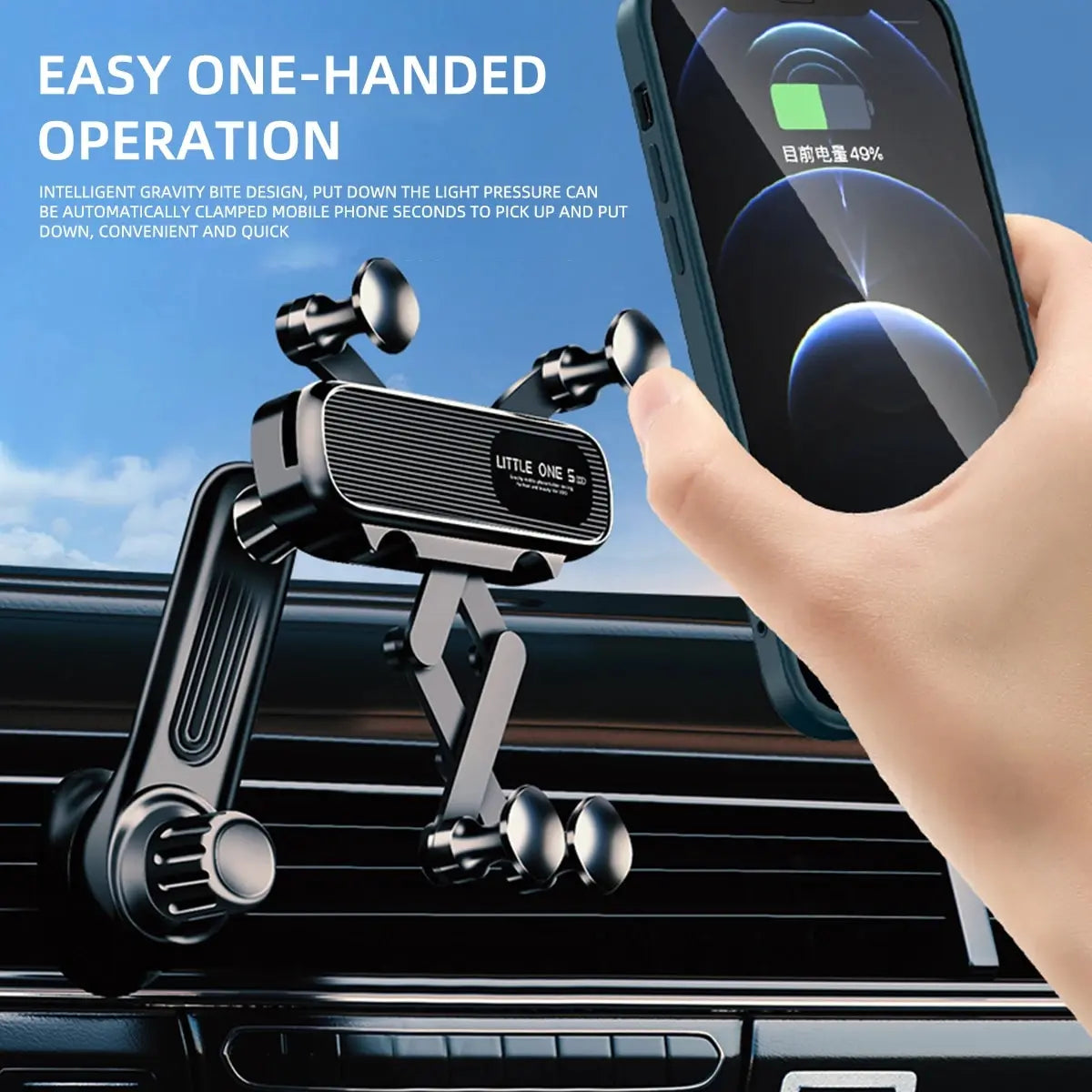 Showlu Gravity Car Phone Holder mounted on air vent, adjustable 360° rotation for smartphones 4.7 to 7 inches, secure and easy to use.