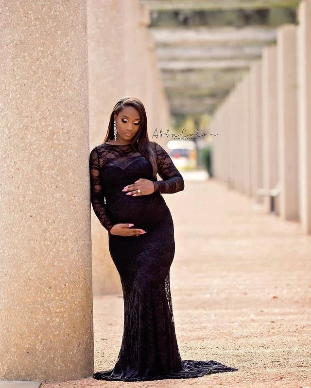 Showlu Lace Maternity Photography Dress with boat neck and long train, elegant gown designed for maternity photoshoots