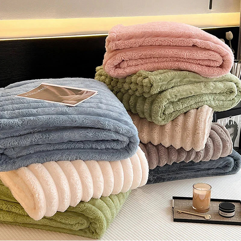 Soft solid color flannel rabbit plush blanket from MINISO, warm and thick bed cover perfect for cozy comfort.