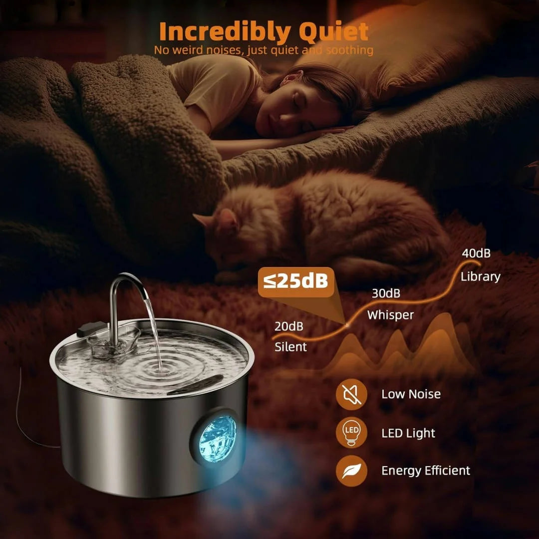Opeth stainless steel cat water fountain with 108oz capacity, automatic pet dispenser, featuring a sleek design for fresh drinking water.