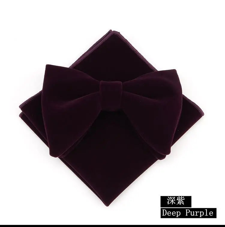Men's velvet bowtie, handkerchief, pocket square, and towel set with custom logo, perfect for wedding attire and formal wear.