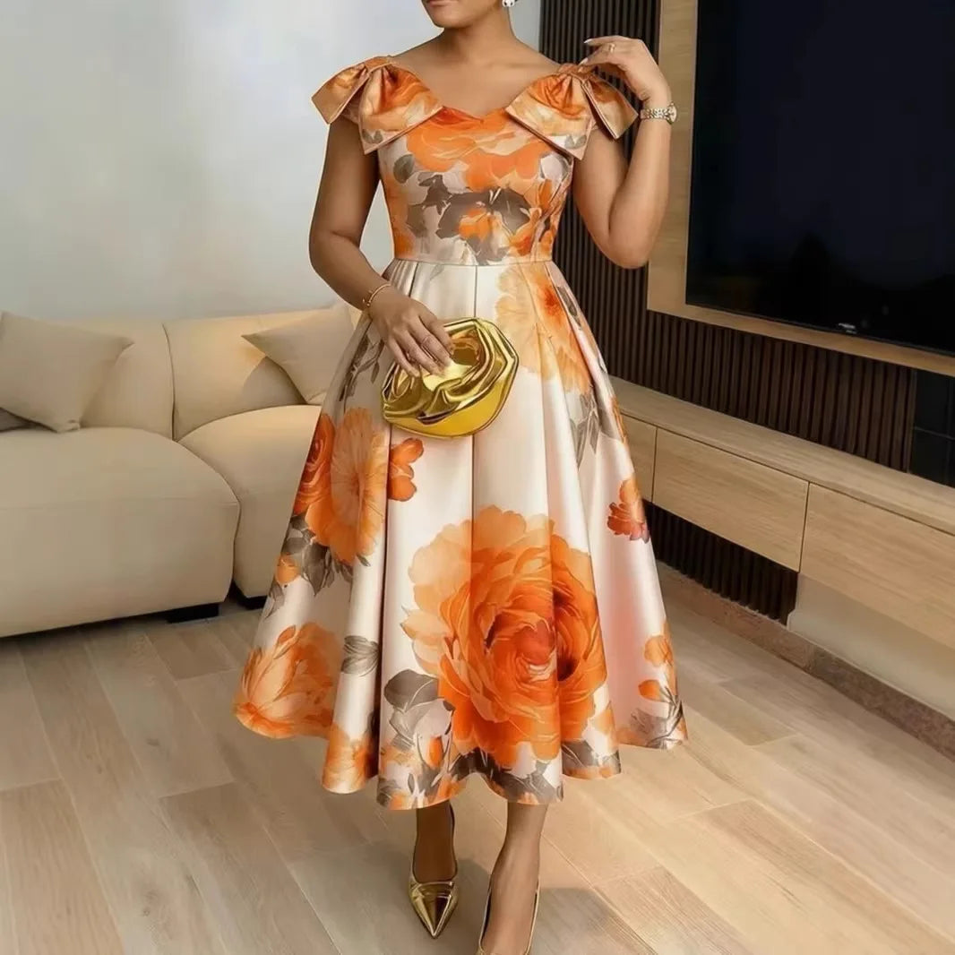 Elegant Dress Women for Wedding Party Summer African Half Sleeve Polyester Wedding Printing Midi Dress Dashiki Africa Clothing
