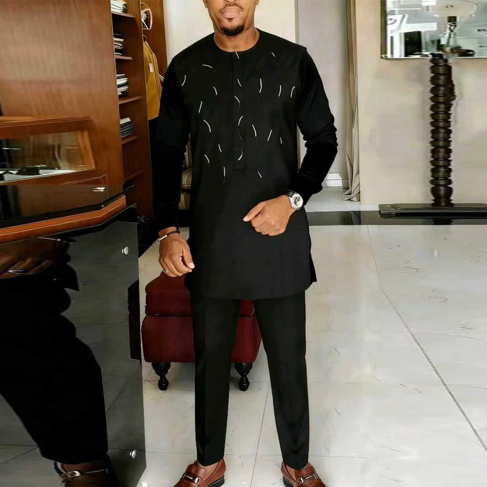 Showlu men's African cotton-blend kaftan set with intricate embroidery, 2-piece wedding suit, traditional and stylish for special occasions.