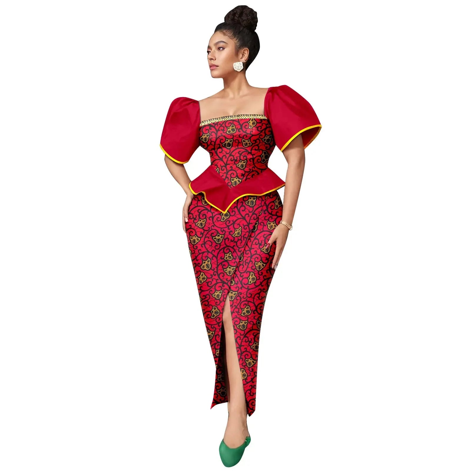 Showlu Fashion Store AFRIPRIDE women's Ankara print square neck puff sleeve A-line dress, featuring vibrant fabric and elegant design.